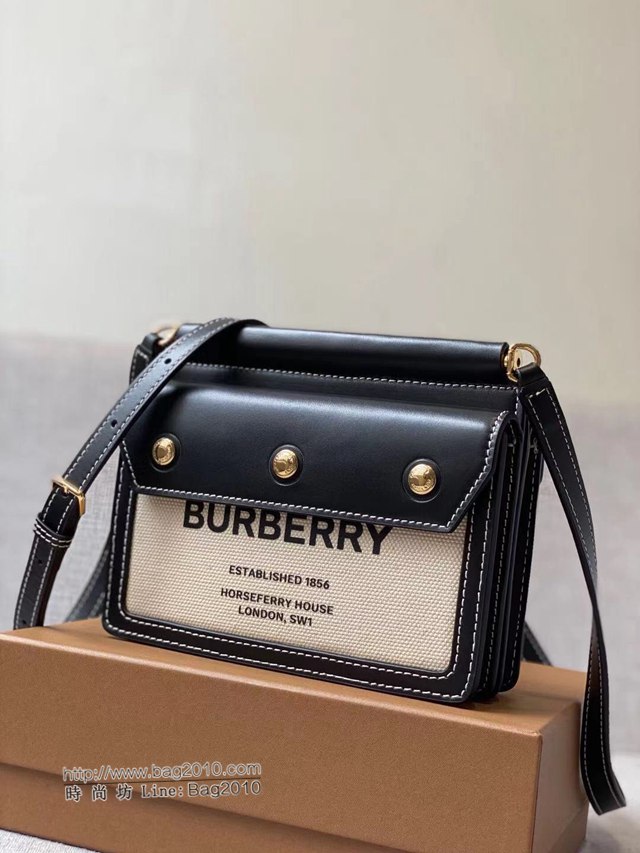 Burberry專櫃新款女包 白色帆布拼接小牛皮巴寶莉單肩斜挎包  db1025